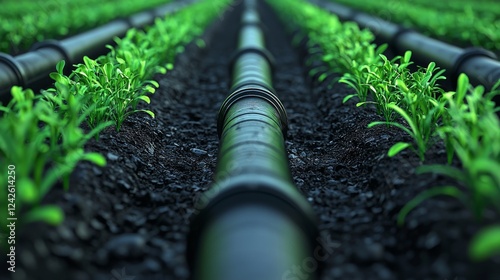 Irrigation pipes in a green field garden photo