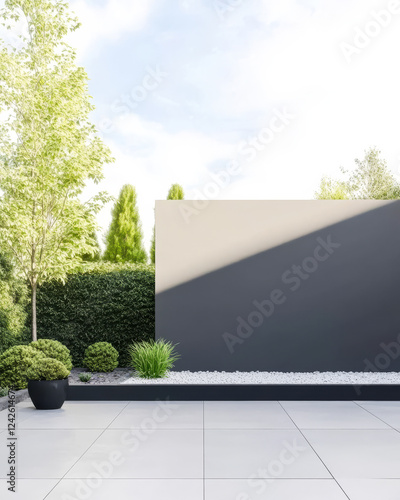 Modern garden design featuring green plants and clean lines in bright sunlight photo