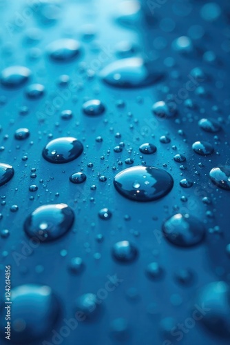 Water droplets falling on a blue textured surface, liquid, water droplets, reflection