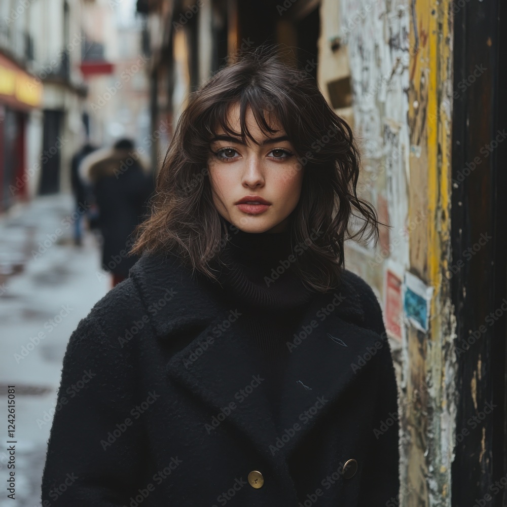 Woman in black coat with alternative street style posing on urban street in realistic photography Woman in black coat with alternative street style posing on urban street in realistic photography