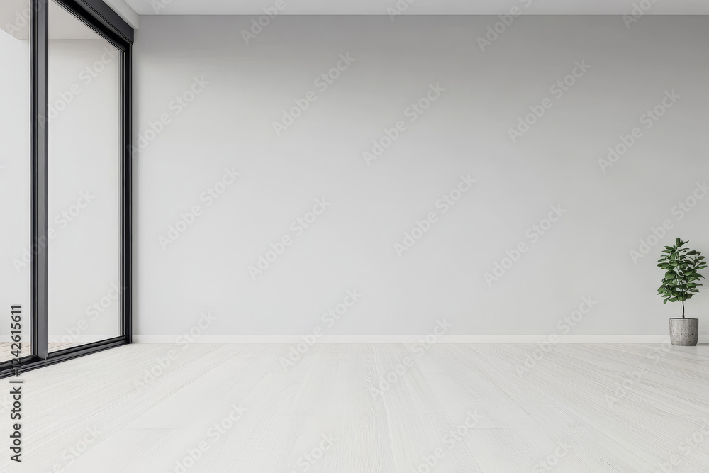 Bright minimalistic interior space with large windows and a small plant by the wall