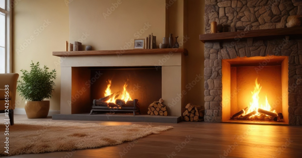 Warm glow of the fireplace illuminated by soft golden light, festive decorations, winter wonderland Warm glow of the fireplace illuminated by soft golden light, festive decorations, winter wonderland