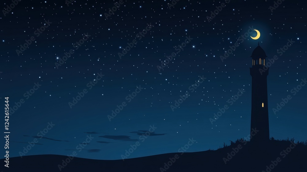 Naklejka premium Dark Blue Night Sky with Crescent Moon over a Silhouetted Minaret Tower