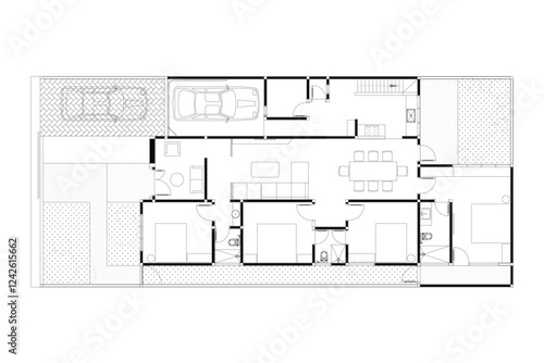 2 dimension layout of design interior small house of floor plan drawing, lines black on white background. 1