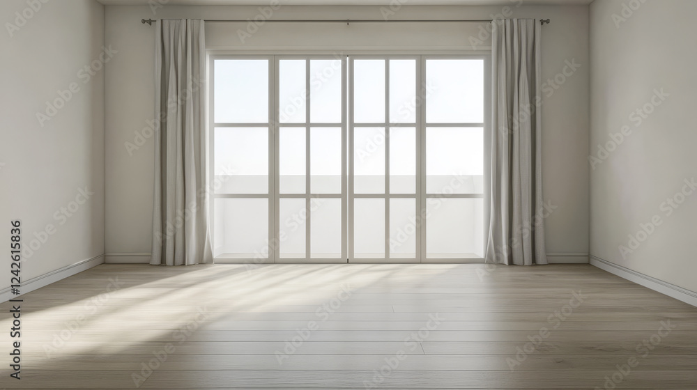 Bright and spacious empty room with large windows and light curtains in a modern setting Bright and spacious empty room with large windows and light curtains in a modern setting