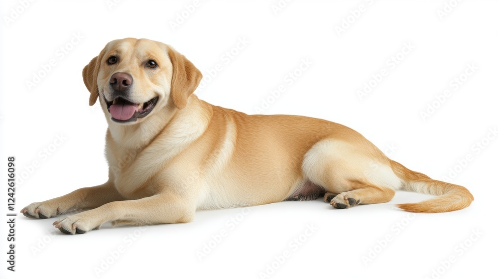 Happy Yellow Labrador Retriever Lying Down on White Background Happy Yellow Labrador Retriever Lying Down on White Background