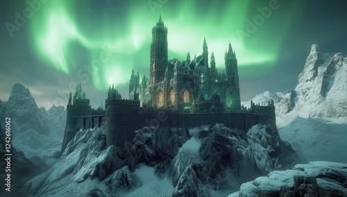 Enchanted Castle Under Aurora: A majestic, ancient castle perched atop a snow-covered mountain, illuminated by the ethereal glow of the Northern Lights. photo