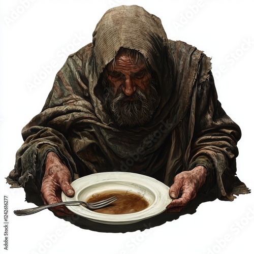 Elderly man in tattered clothing gazing into an empty bowl, signifying poverty and hunger in a somber atmosphere