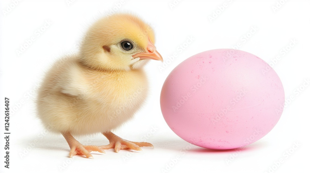 Fluffy Yellow Chick Beside Pink Egg on White Background Fluffy Yellow Chick Beside Pink Egg on White Background