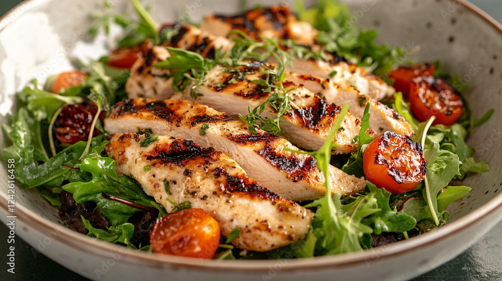 Grilled chicken salad with fresh lettuce, cherry tomatoes, and avocado slices, drizzled with a balsamic glaze, plated in a rustic ceramic bowl Grilled chicken salad with fresh lettuce, cherry tomatoes, and avocado slices, drizzled with a balsamic glaze, plated in a rustic ceramic bowl