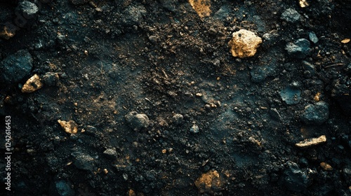 Close up of dark dirt ground with rocks.  Possible use for nature backgrounds