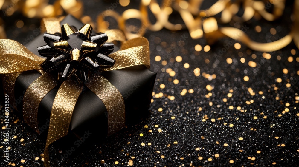 Black Gift Box with Gold Ribbon and Glitter Background Black Gift Box with Gold Ribbon and Glitter Background