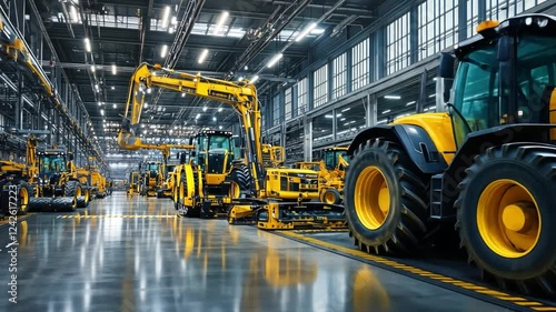 Tractor Assembly Line: Rows of gleaming yellow and black tractors stand in a modern, high-bay factory, under bright industrial lighting, showcasing advanced manufacturing and precision engineering.  