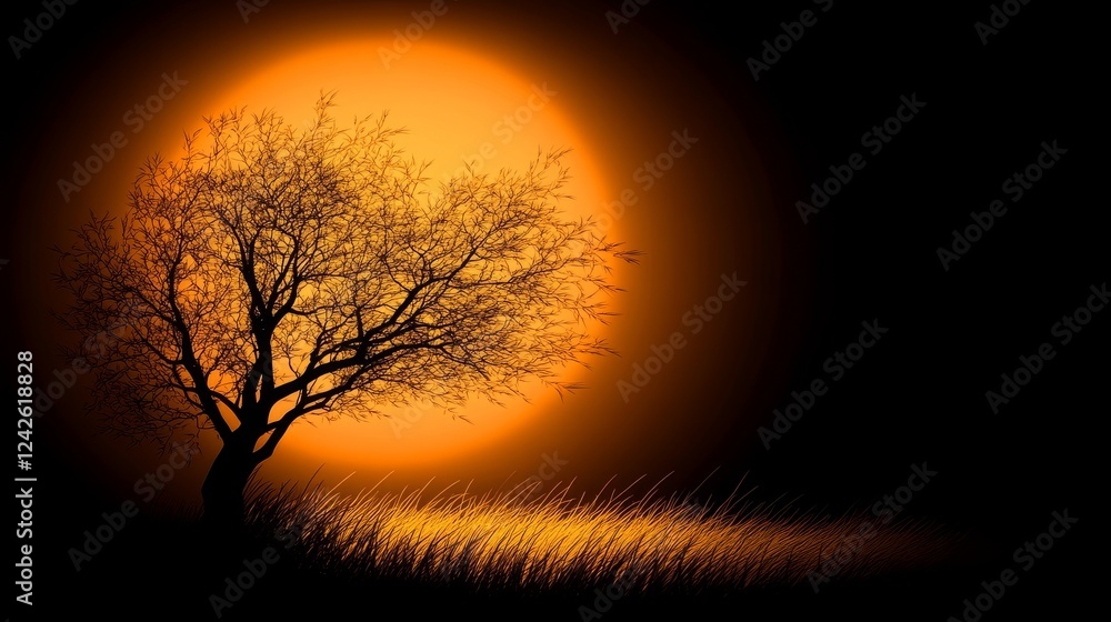 Silhouette Tree Against Vibrant Sunset Orange Sky Silhouette Tree Against Vibrant Sunset Orange Sky