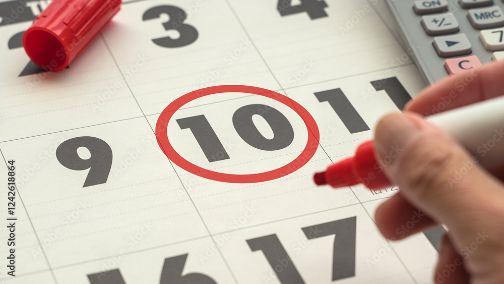 day ten of the calendar marked with a red pen. hand holding a red pen day ten of the calendar marked with a red pen. hand holding a red pen