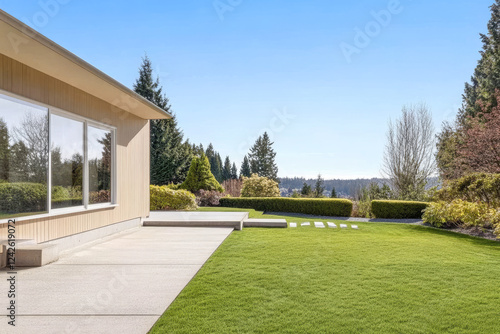 Beautiful landscape with modern house and well-manicured garden in clear blue sky photo