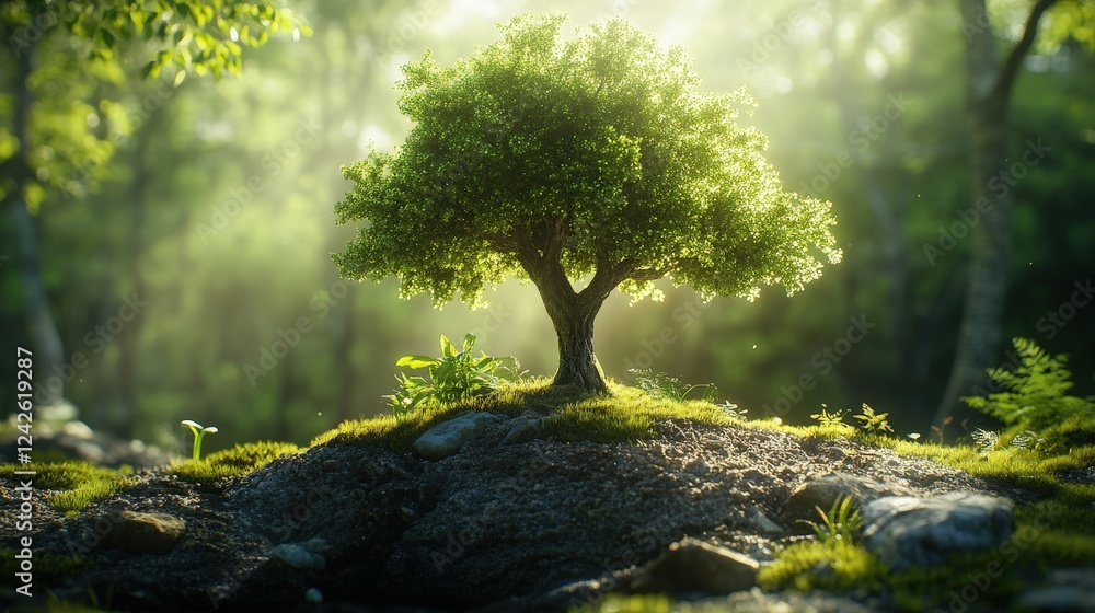 Fototapeta premium Lush Green Tree Surrounded by Sunlight and Nature in a Vibrant Ecosystem Highlighting Growth and Environmental Beauty