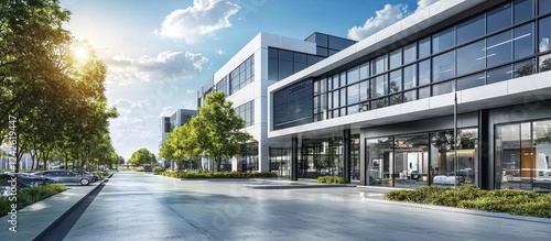 Modern commercial office building with ample parking space on a bright sunny day.