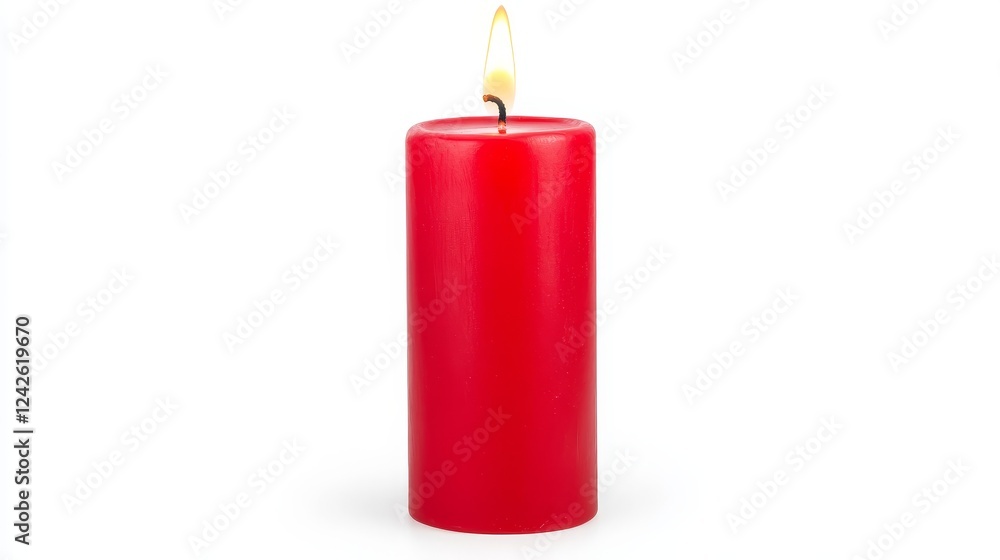 Fototapeta premium Lit Red Candle on White Background - A single red candle is lit, standing on a white background. The flame is bright and the candle is cylindrical.