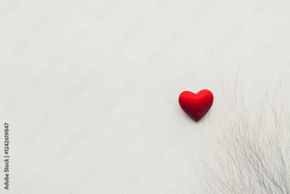 Fototapeta premium Red Heart Minimalist Design - A single red heart rests on a light gray background, next to gray textured elements. Simple, elegant, and romantic.