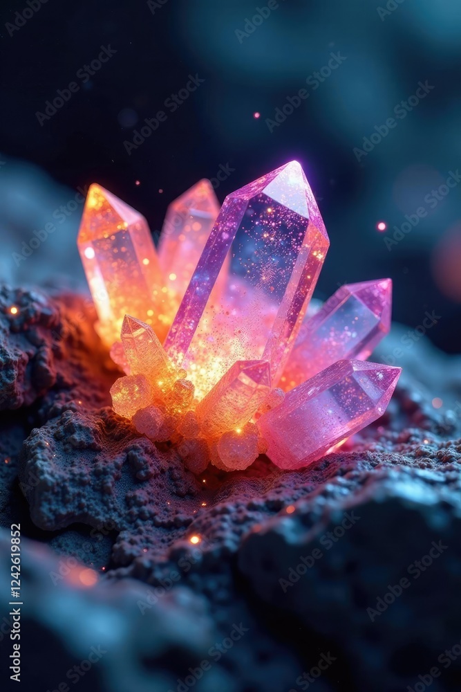 Glittering crystals embedded in a rocky surface, gemstone, crystal, luminous Glittering crystals embedded in a rocky surface, gemstone, crystal, luminous