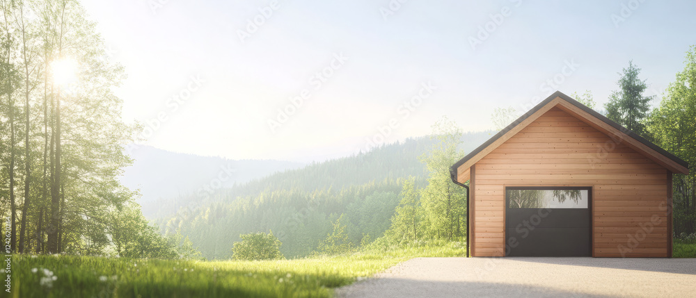 Fototapeta premium Modern wooden garage surrounded by lush greenery on a sunny morning in the mountains