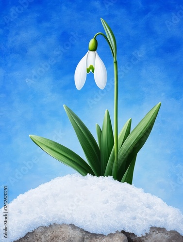 Wallpaper Mural Snowdrop in Winter Wonderland - A single snowdrop emerges from the snow, its white petals contrasting against the bright blue sky.  A symbol of hope and the arrival of spring. Torontodigital.ca