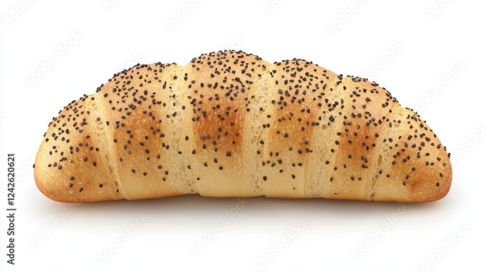 Golden Brown Poppy Seed Crescent Roll on White Background
