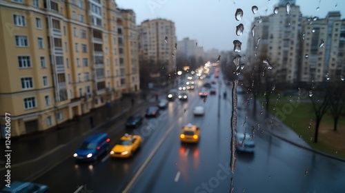 Rainy Cityscape Viewed Through a Window