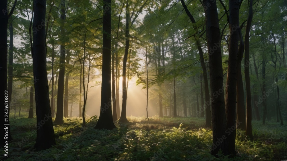 Naklejka premium Sunlit Forest Path: Mystical Dawn in the Woods