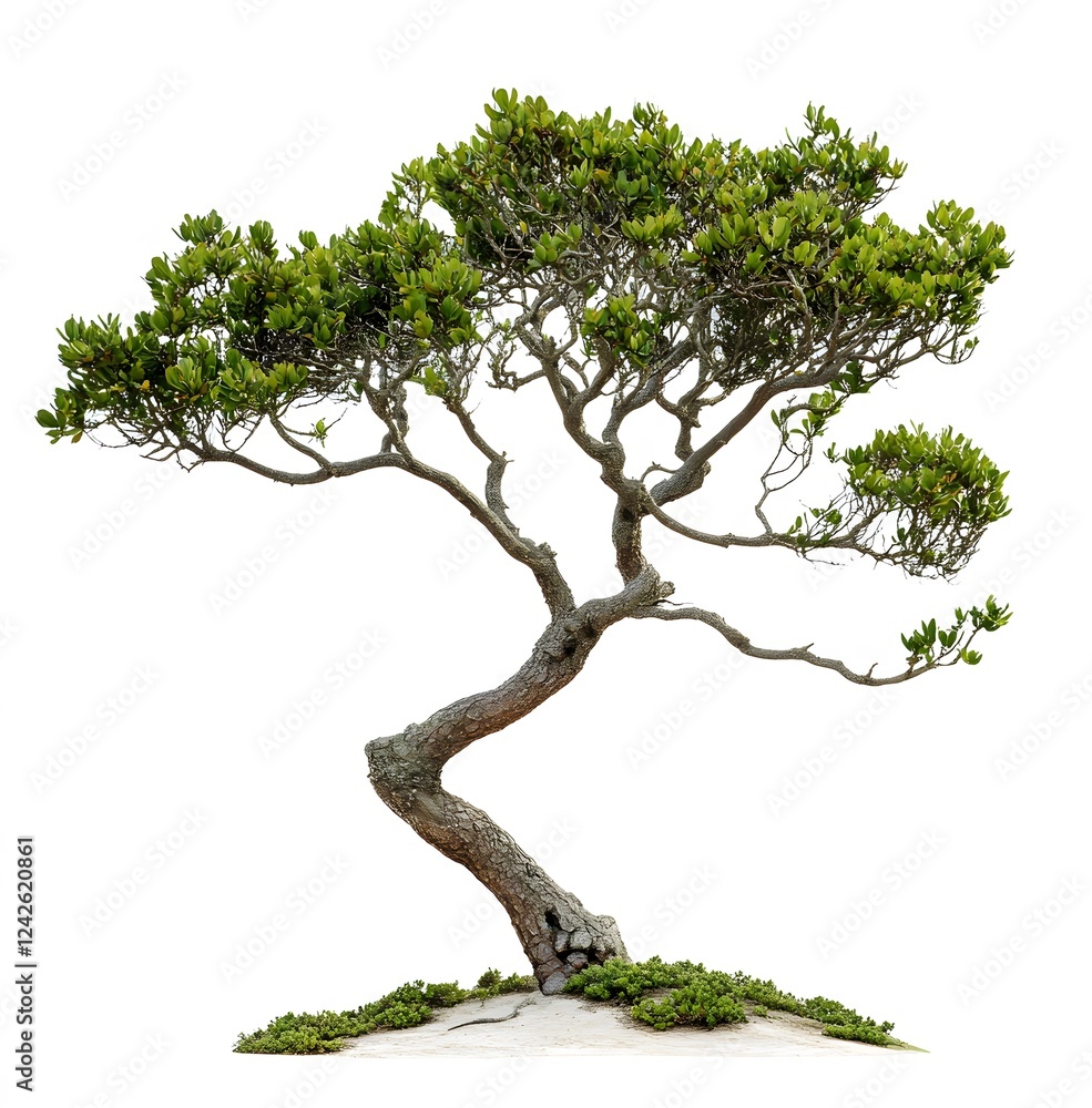 Fototapeta premium A Twisted Green Tree Stands Isolated On White