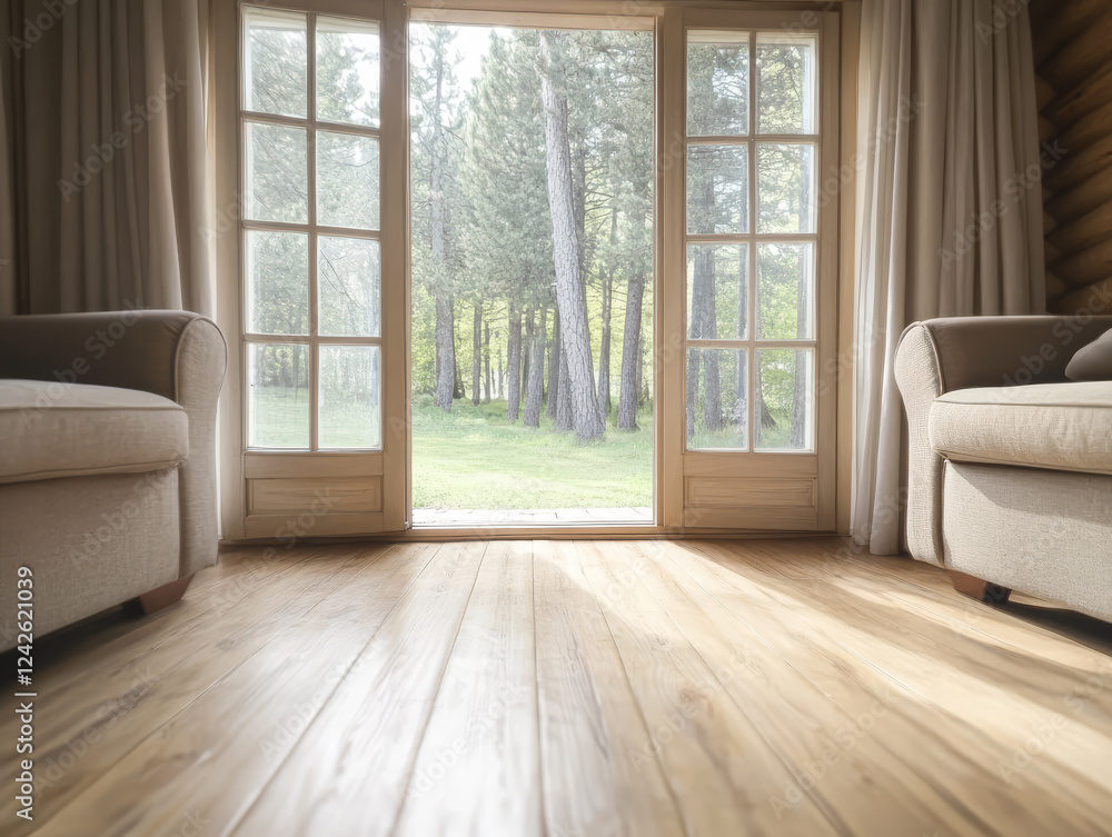 Fototapeta premium Cozy living room with large windows opening to a serene forest view
