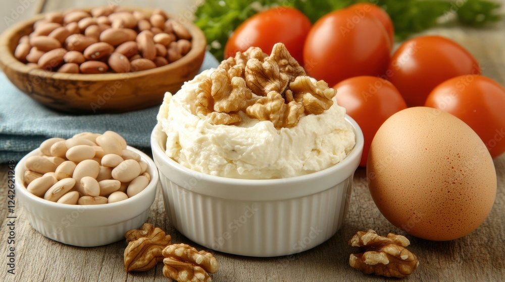 Healthy Breakfast Ingredients Creamy White Dip with Walnuts, Beans, Tomatoes, and Egg Healthy Breakfast Ingredients Creamy White Dip with Walnuts, Beans, Tomatoes, and Egg