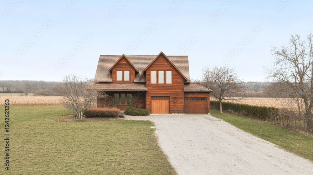 Beautiful wooden house surrounded by open fields in a serene countryside setting Beautiful wooden house surrounded by open fields in a serene countryside setting