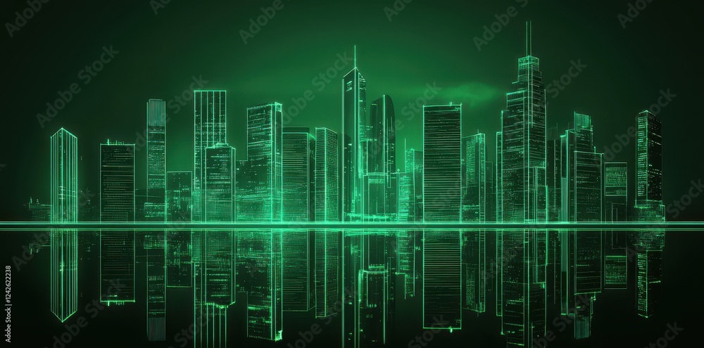 Fototapeta premium Green Neon Cityscape Skyline Reflection