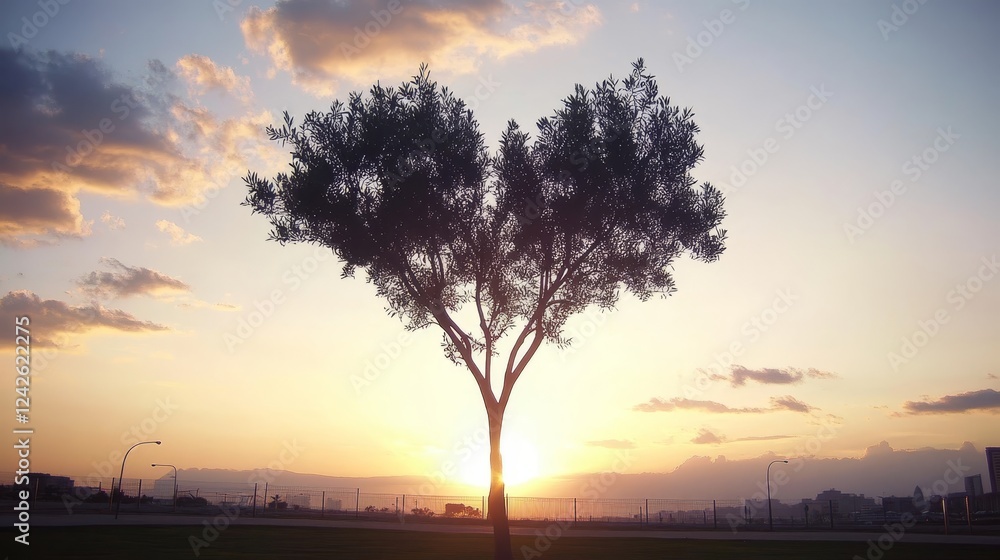 Fototapeta premium Silhouetted Tree at Sunset Over Cityscape