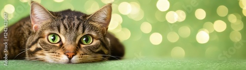 Adorable greeneyed cat lounging on a matching green surface, picture of feline relaxation and comfort photo