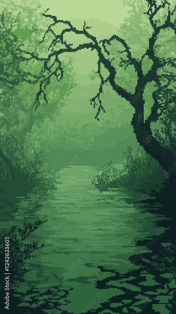 Fototapeta premium Pixel art of an ethereal green forest with water reflecting the trees, a foggy atmosphere, dark and mysterious, mysterious forest pixel art, pixel art background
