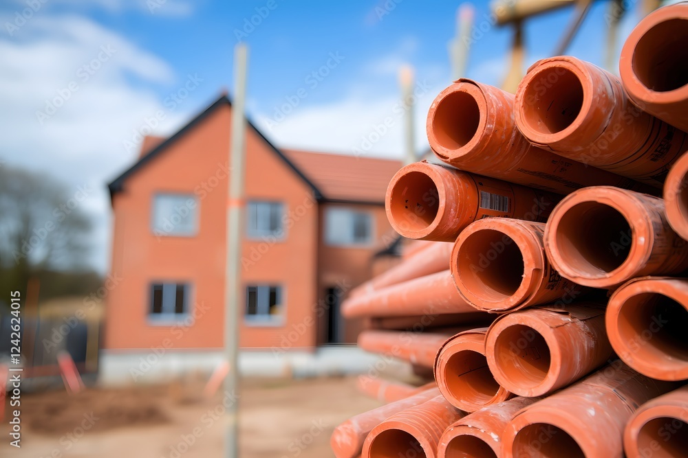 New Home Construction Site Orange Pipes and Brick House New Home Construction Site Orange Pipes and Brick House