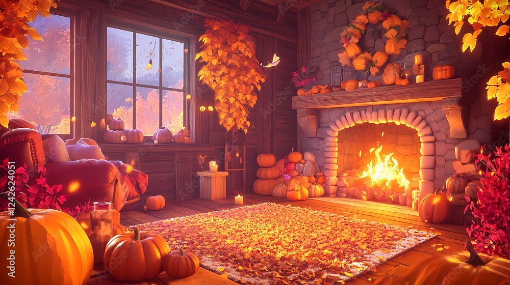 Obraz premium Cozy Cabin Interior with Fireplace and Fall Decorations