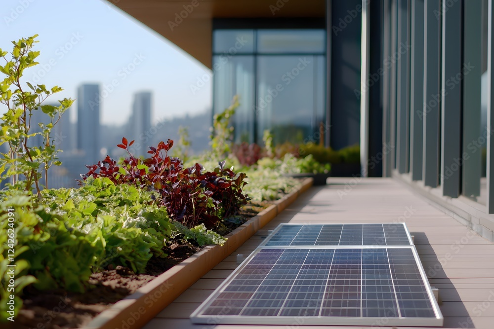 Naklejka premium Rooftop Garden Solar Panel Sustainable City Living Modern Design