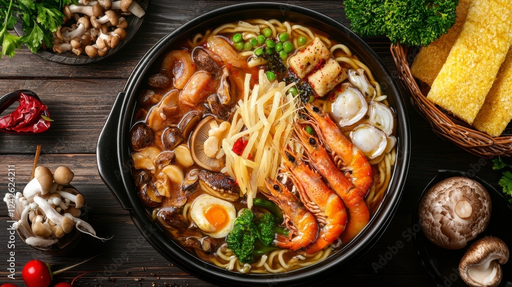 Udon noodles japanese flavor concept. A vibrant bowl of ramen, filled with shrimp, vegetables, mushrooms, and eggs, set against a rustic wooden background. Udon noodles japanese flavor concept. A vibrant bowl of ramen, filled with shrimp, vegetables, mushrooms, and eggs, set against a rustic wooden background.