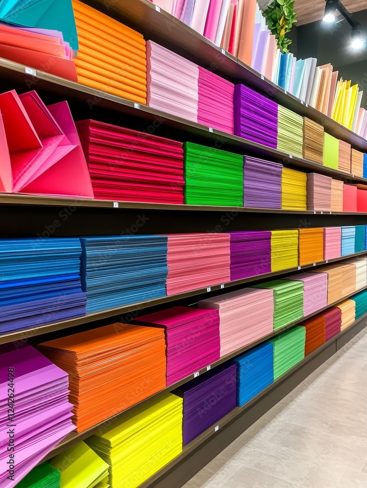 Obraz premium Colorful Paper Stacks on Shelves - A vibrant display of colorful paper stacks neatly organized on shelves, showcasing a wide variety of hues and shades.