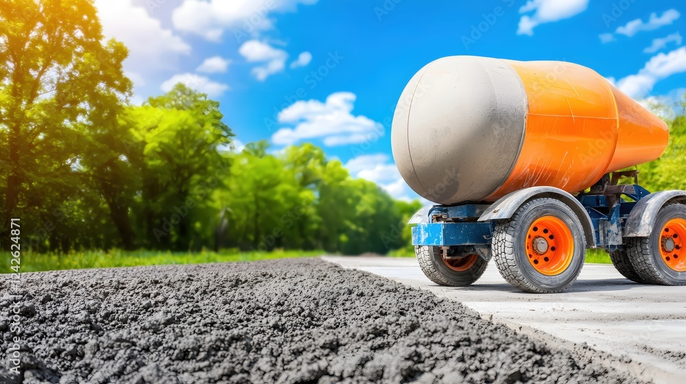 Summer Road Construction Cement Mixer Truck on Sunny Day Summer Road Construction Cement Mixer Truck on Sunny Day