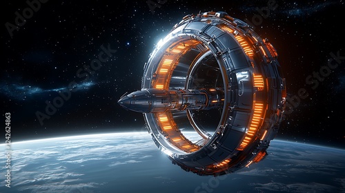 Fototapeta Naklejka Na Ścianę i Meble -  Futuristic spaceship orbiting Earth, cosmic background, science fiction illustration, space travel concept