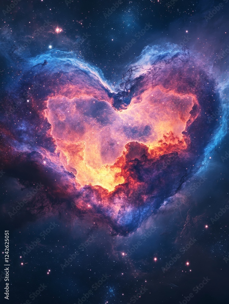 Fototapeta premium Cosmic Heart Nebula - A vibrant nebula in the shape of a heart, swirling with cosmic colors of orange, blue, and purple against a dark space background.