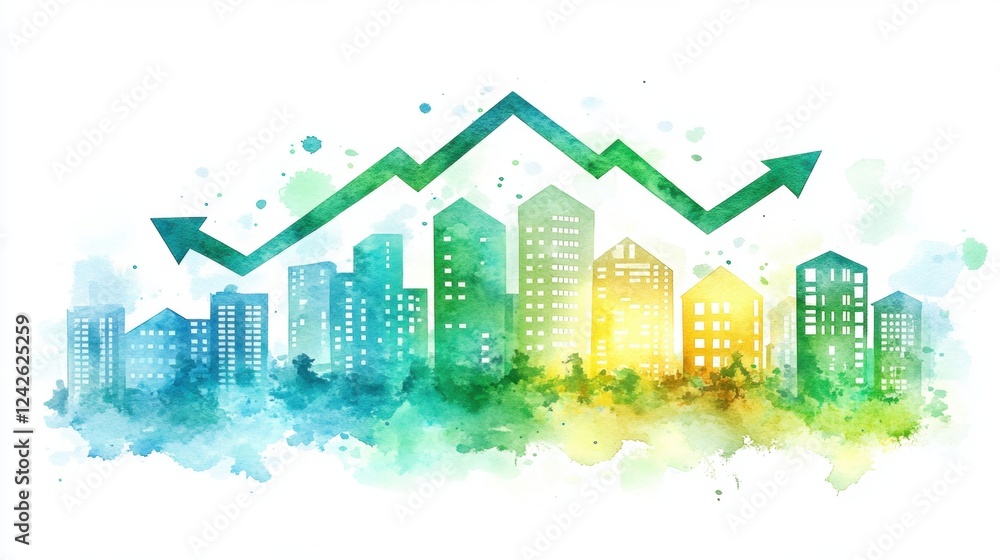 Fototapeta premium Watercolor Cityscape with Upward Trending Graph