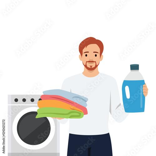 Man holds a bottle of detergent and a stack of folded laundry in front of washing machine. Flat vector illustration isolated on white background