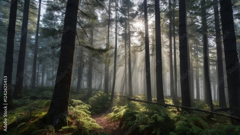 Fototapeta premium Sunbeams Filtering Through a Misty Forest Path