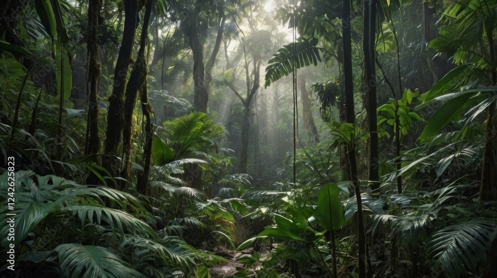 Luminous Rainforest Path: Sunbeams Illuminate Verdant Canopy Luminous Rainforest Path: Sunbeams Illuminate Verdant Canopy